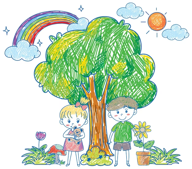 Child's Drawing of Tree with two children under it