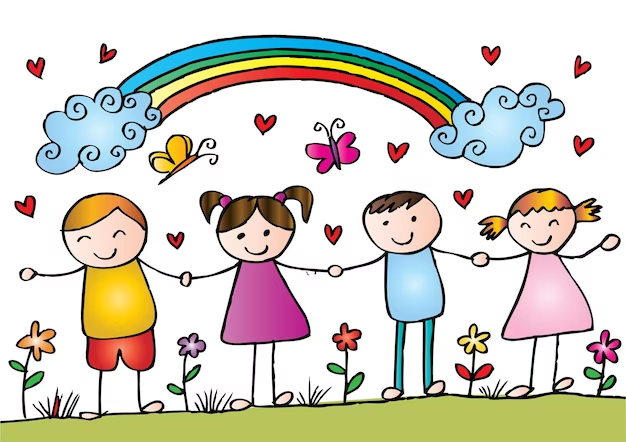 Child's drawing of friends holding hands with a rainbow and butterflies above